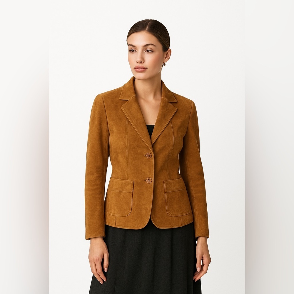 Newport News Vintage Suede Leather Blazer Jacket Camel Tan Brown Womens 8 M0678